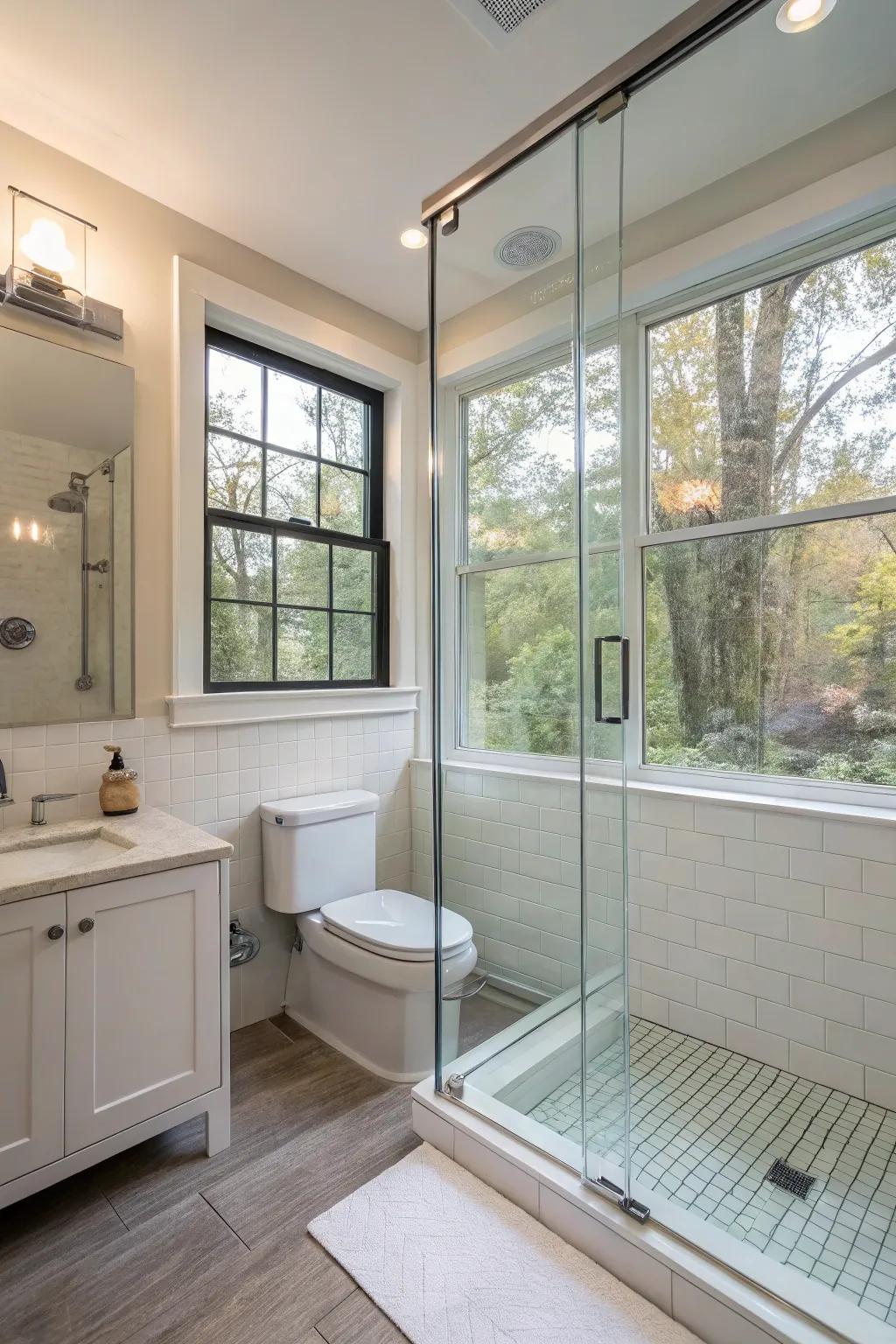 Open and airy bathroom with glass partitions and natural light.