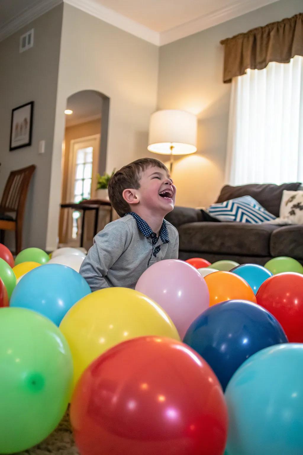 A room brimming with colorful balloons creates a happy ambiance for birthday photos.