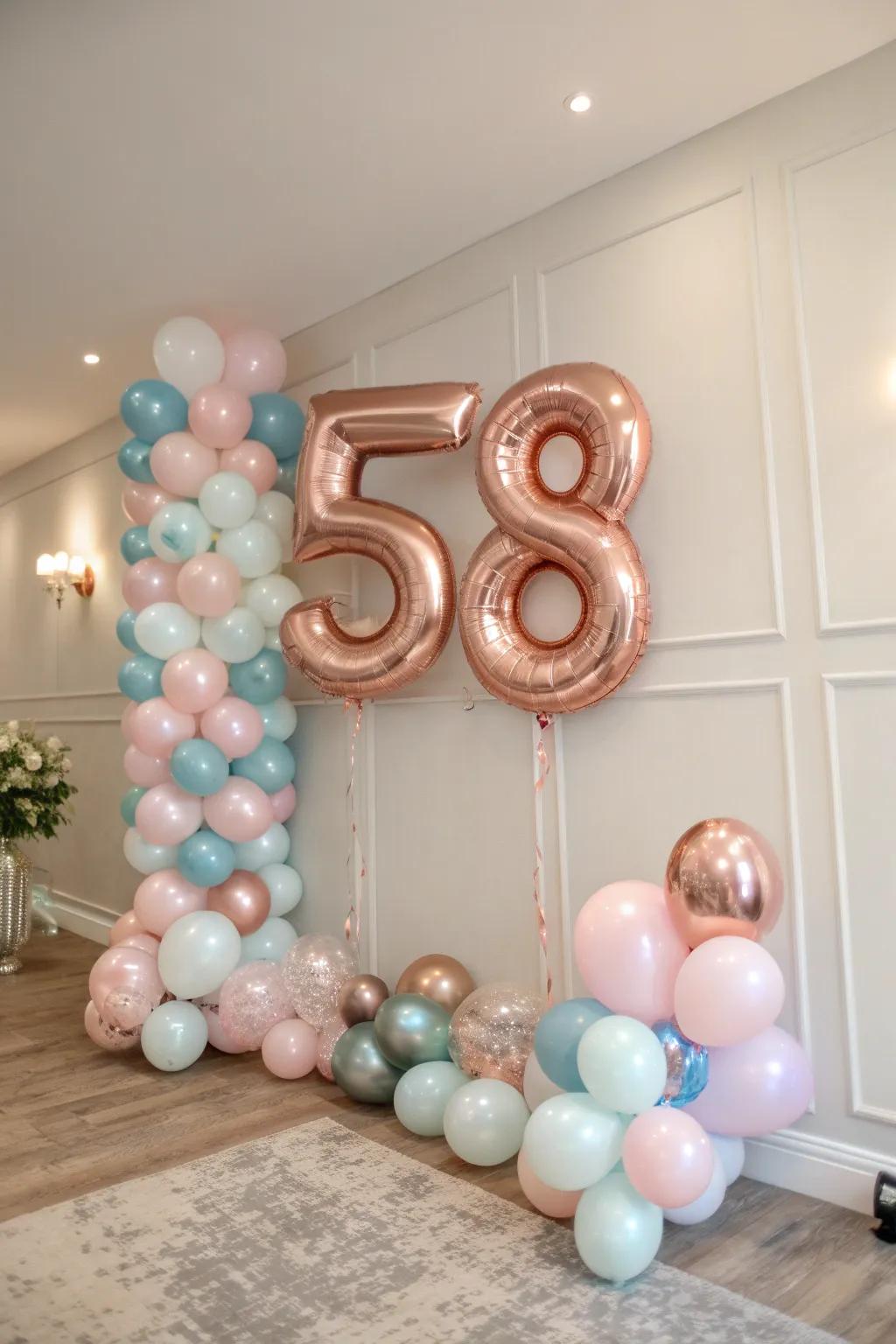 A captivating '58' balloon display is perfect for marking the milestone.