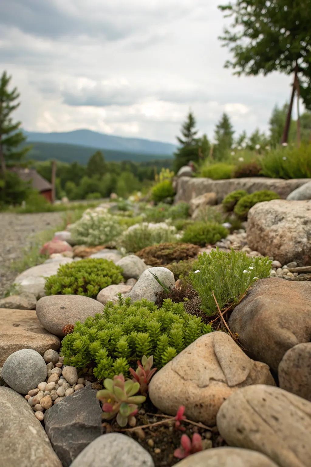 A balanced rock garden featuring stones and alpine flowers.