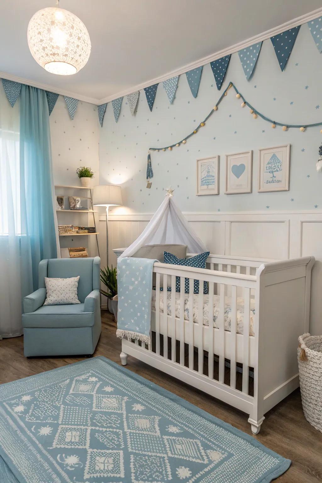 A serene nursery in soft blue and white for a soothing ambiance.