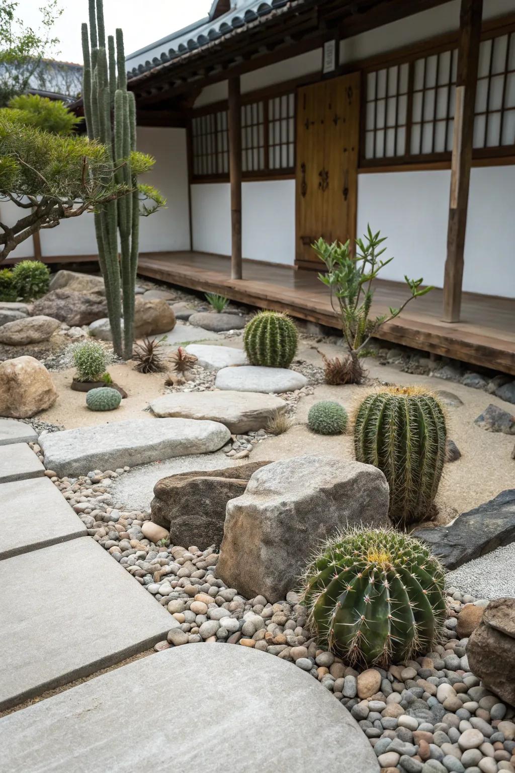 A soothing zen cactus garden displaying a harmonious blend of containers, stones, and cacti.