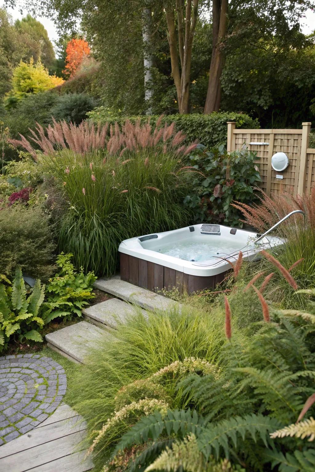 Enhance relaxation with a hot tub surrounded by lush greenery.