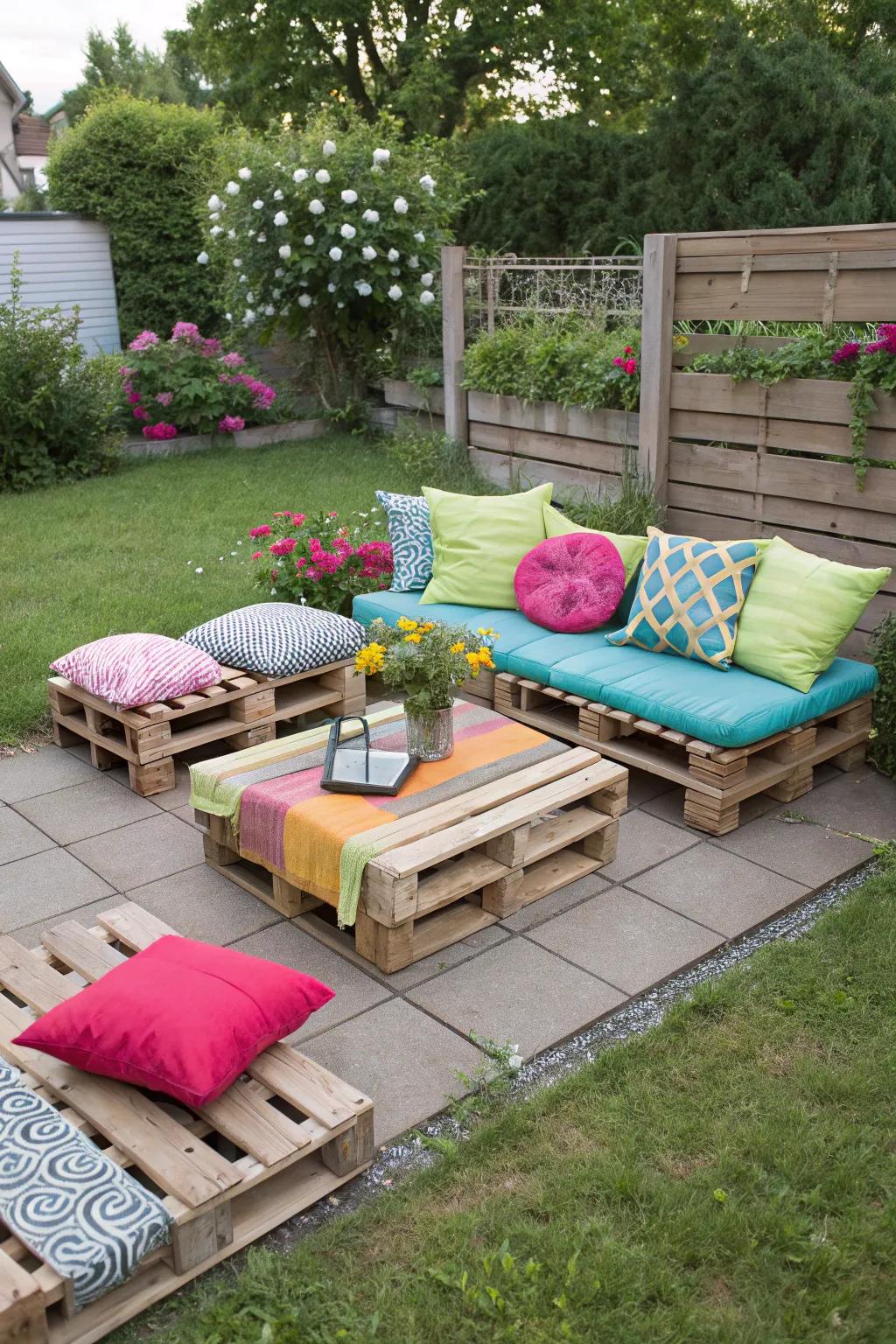 DIY seating area made from pallets, adding charm and comfort.