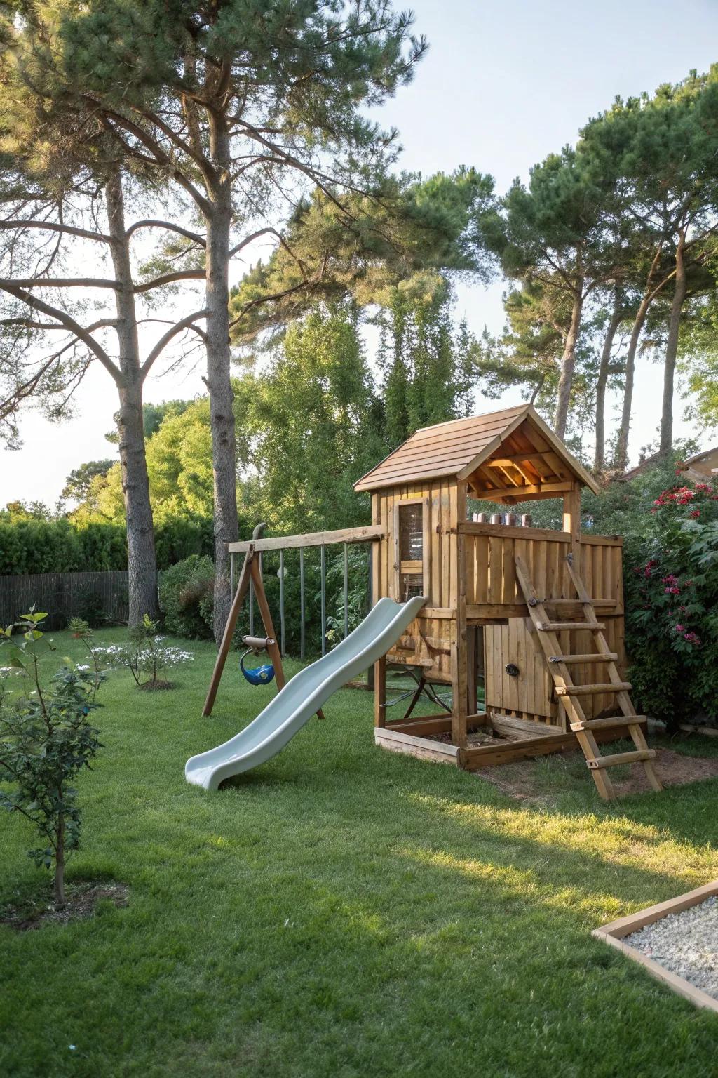 A timber adventure center featuring a slide for non-stop excitement