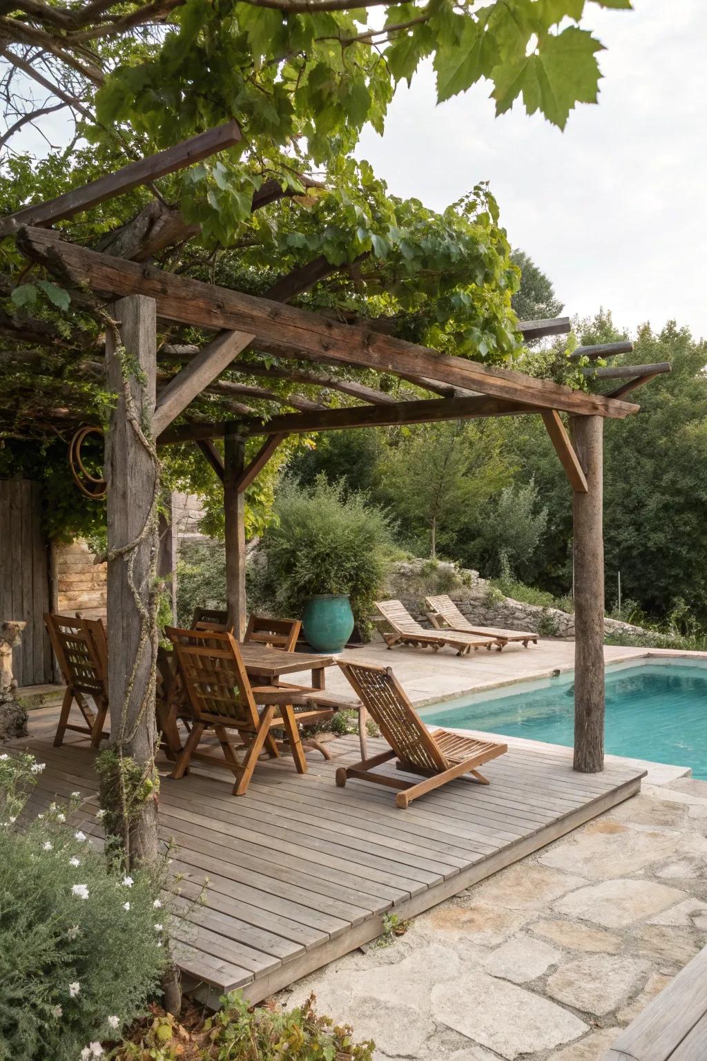 Rustic wooden pergola makes the poolside warm and welcoming.
