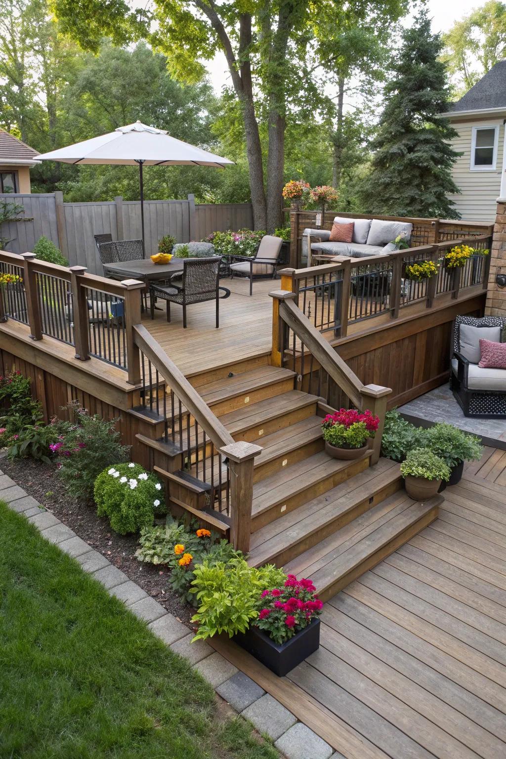 A multi-level deck provides character and a feeling of spaciousness to any small backyard.