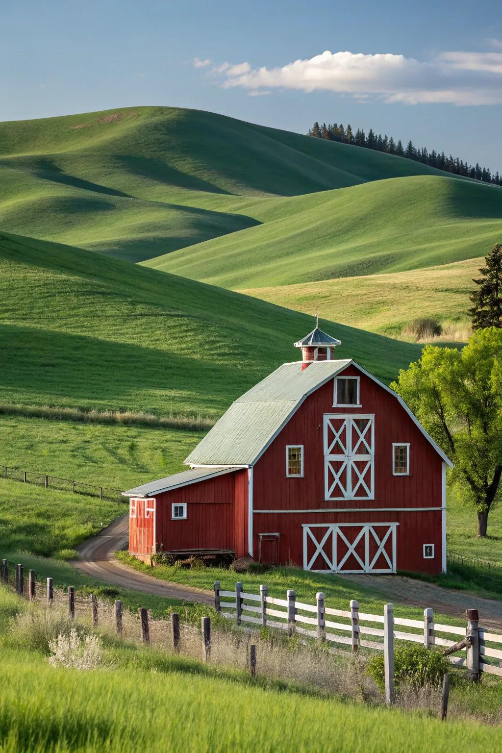 A quintessential red barn with white trim, harmonizing perfectly with its scenic backdrop.