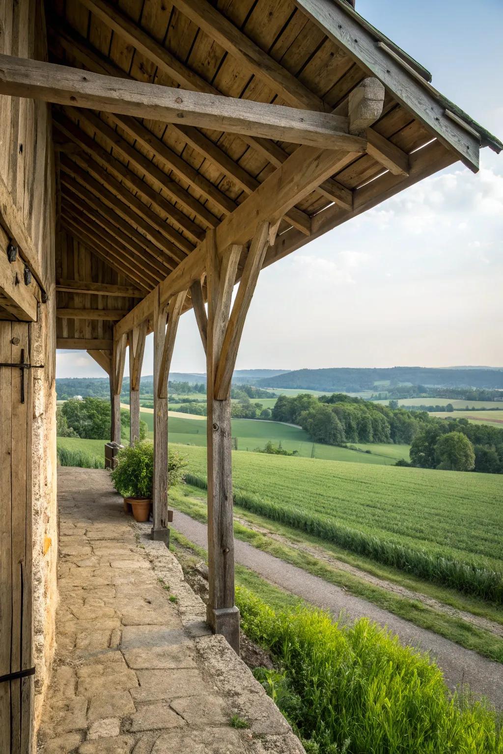 A barn overhang showcasing a timeless rustic wood finish.