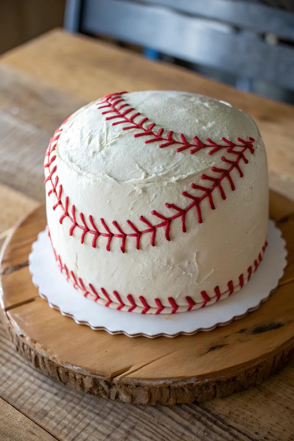 A classic baseball cake with iconic stitching details.