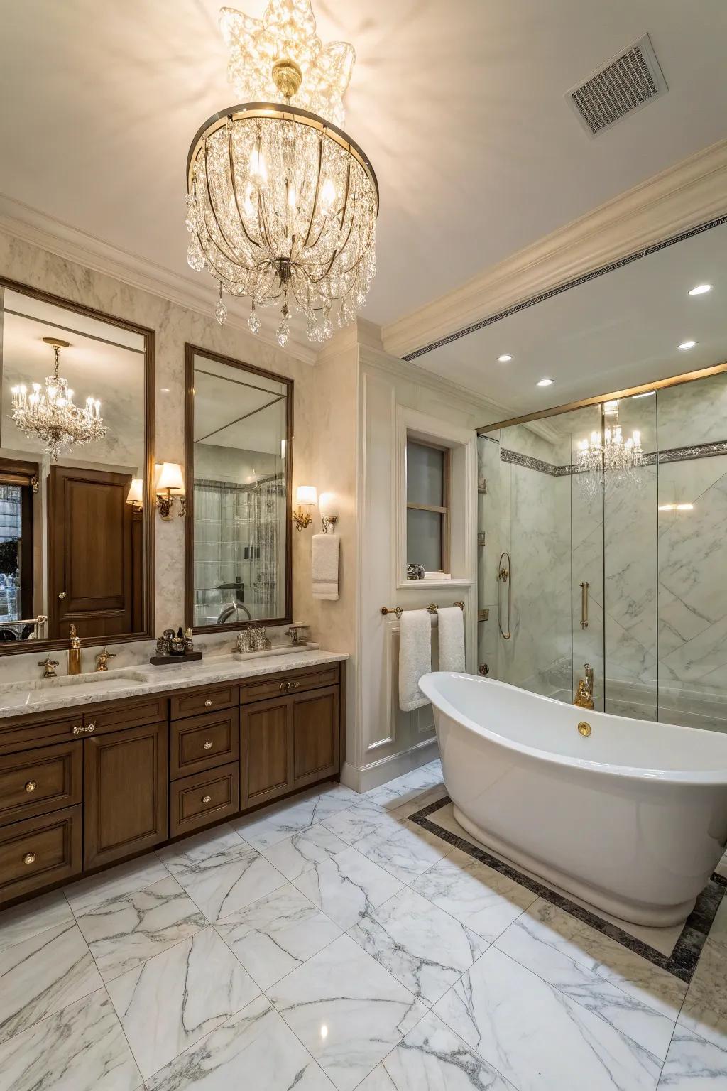 A chandelier adds a touch of elegance to any bathroom.