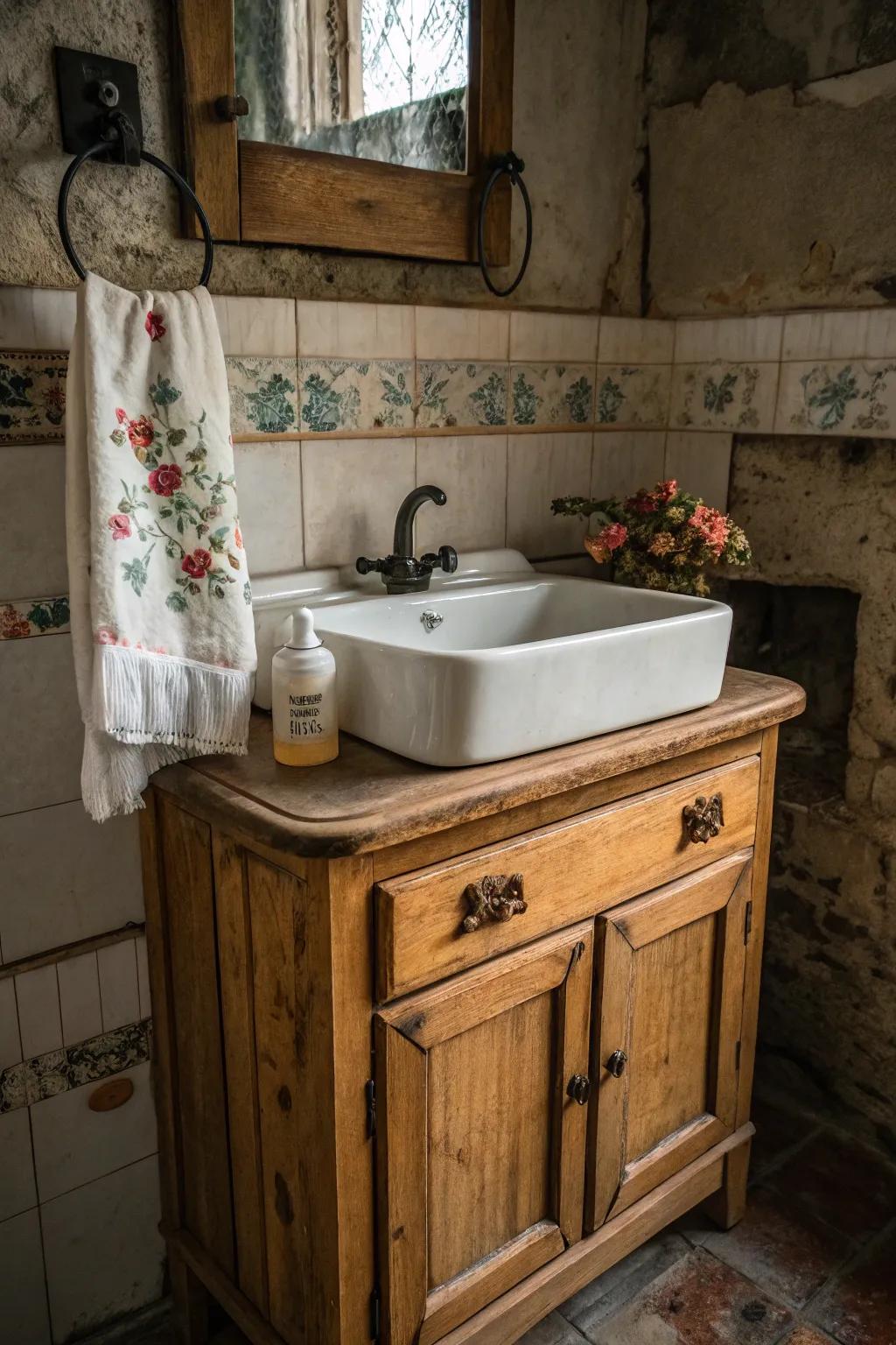 Vintage allure showcased through a quaint timber cabinet and timeless sink.