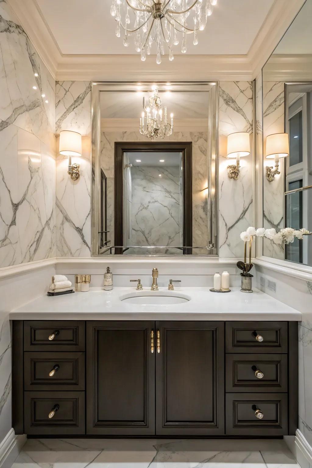 A marble backsplash imparts enduring sophistication to your bathroom.