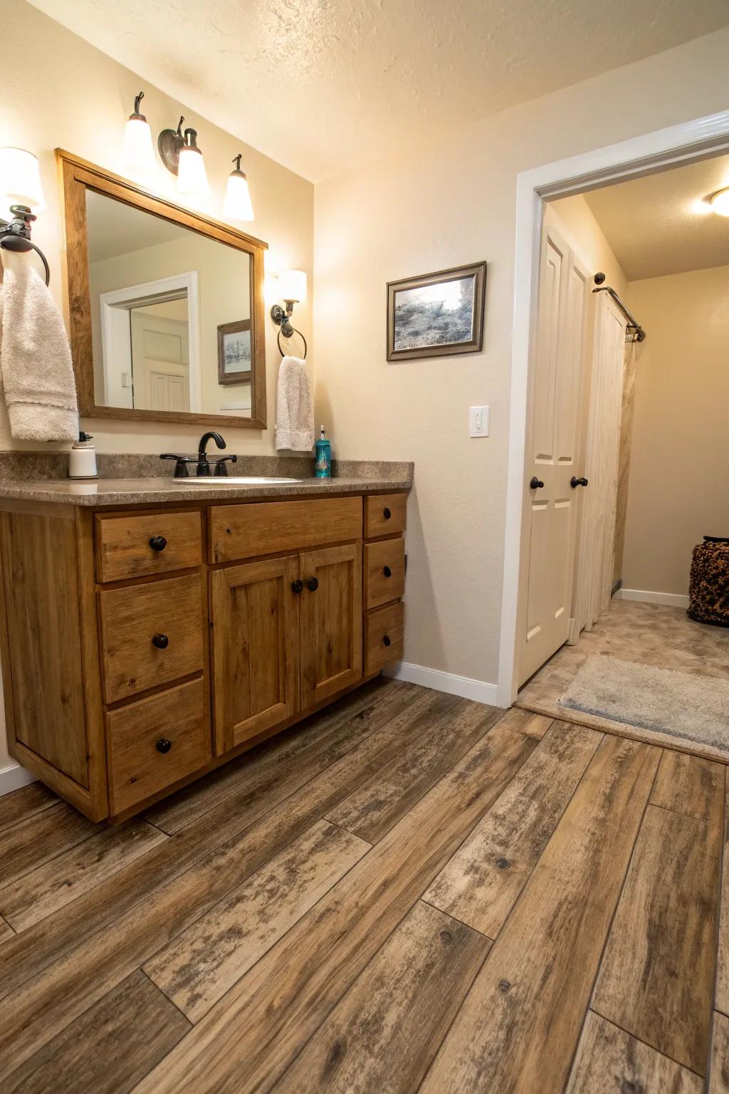 Durable flooring styled to resemble rustic wood enhances the cozy atmosphere of this bathroom.