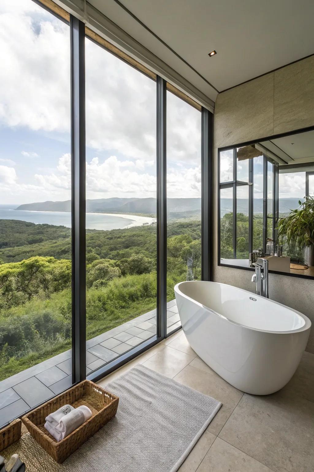 Floor-to-ceiling windows offering breathtaking views in a modern bathroom.
