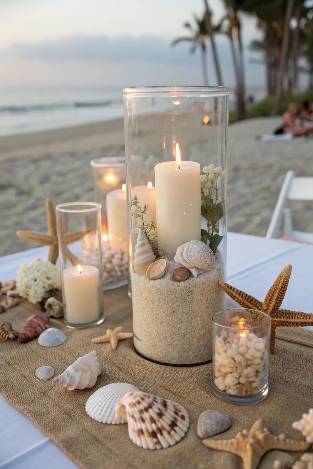 The combination of seashells and soft candlelight creates a magical beach-themed centerpiece.
