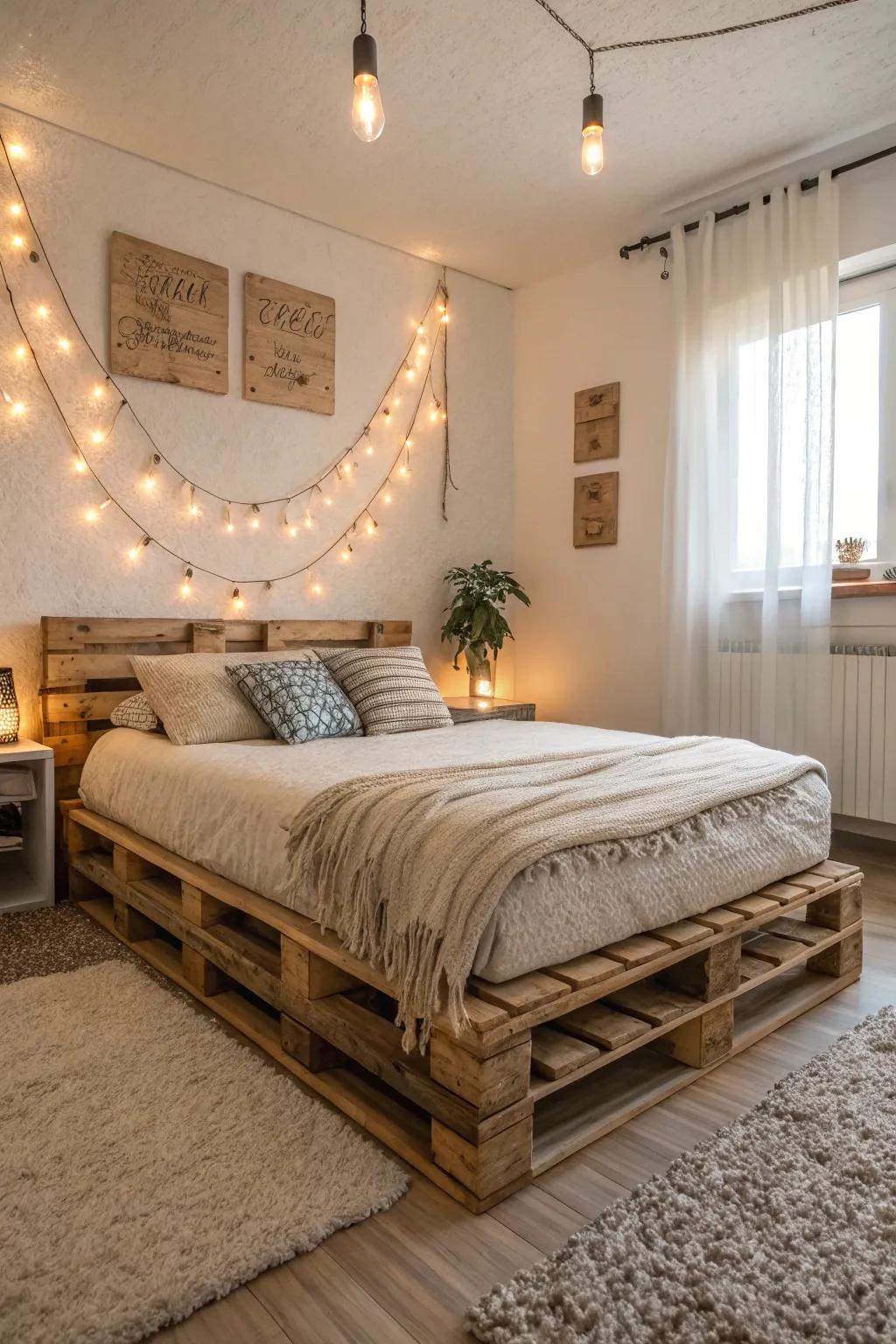 A rustic pallet bed frame introduces a sense of comfort and uniqueness to any bedroom.