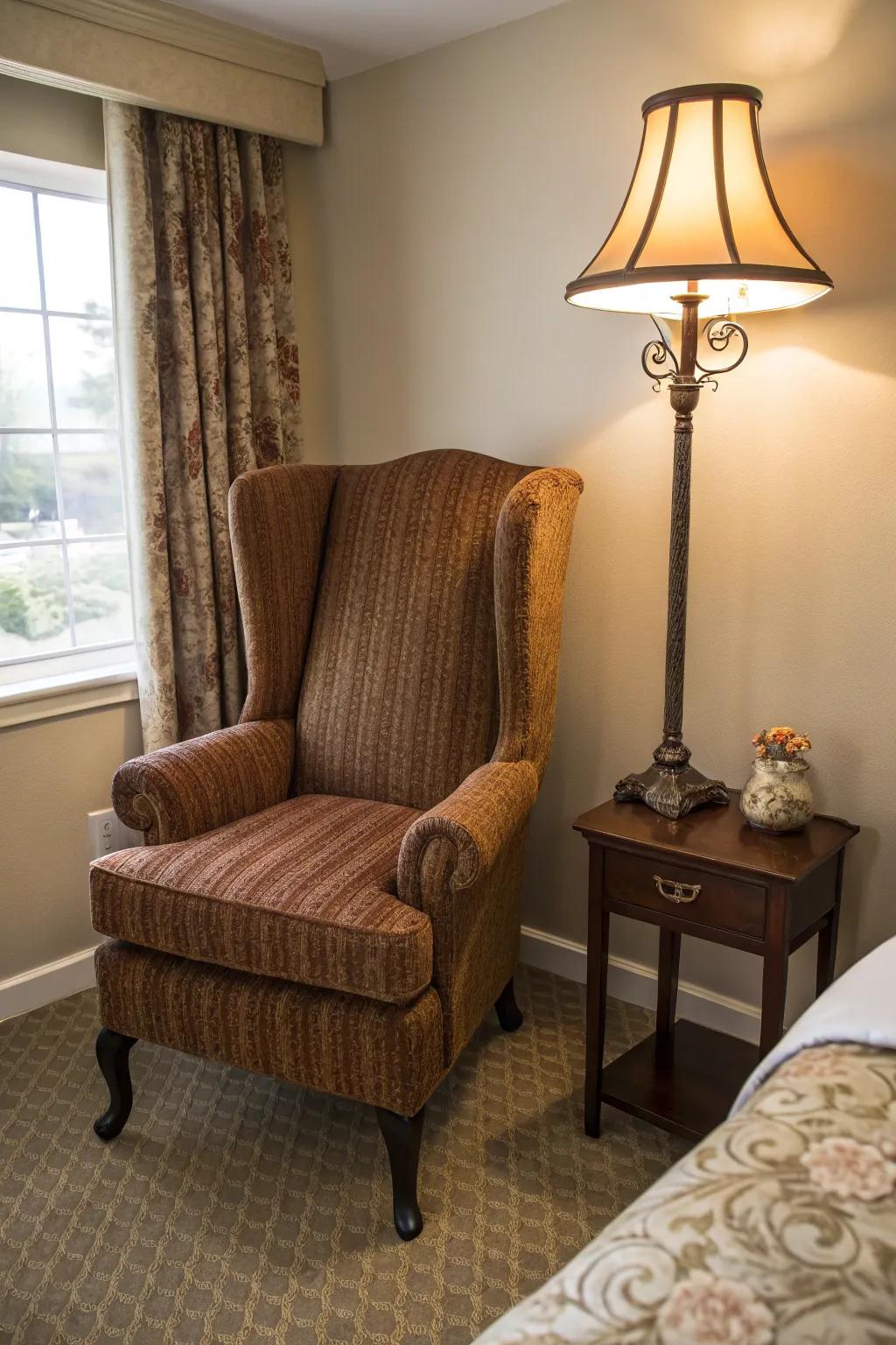 A wingback chair nestled in a bedroom corner crafts the perfect reading sanctuary.