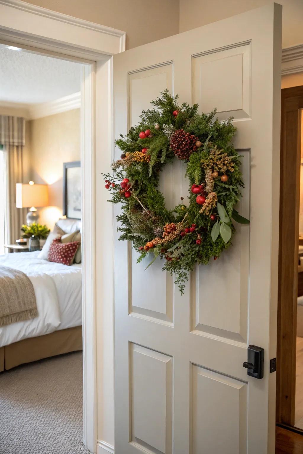 A seasonal wreath adds warmth and charm to any bedroom door.