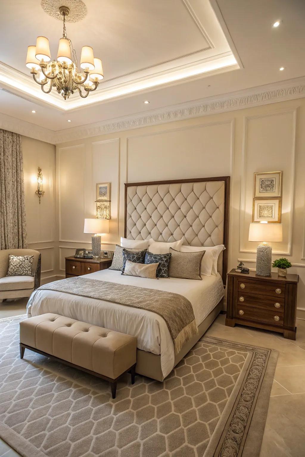 Achieve symmetry with a central bed and matching nightstands.