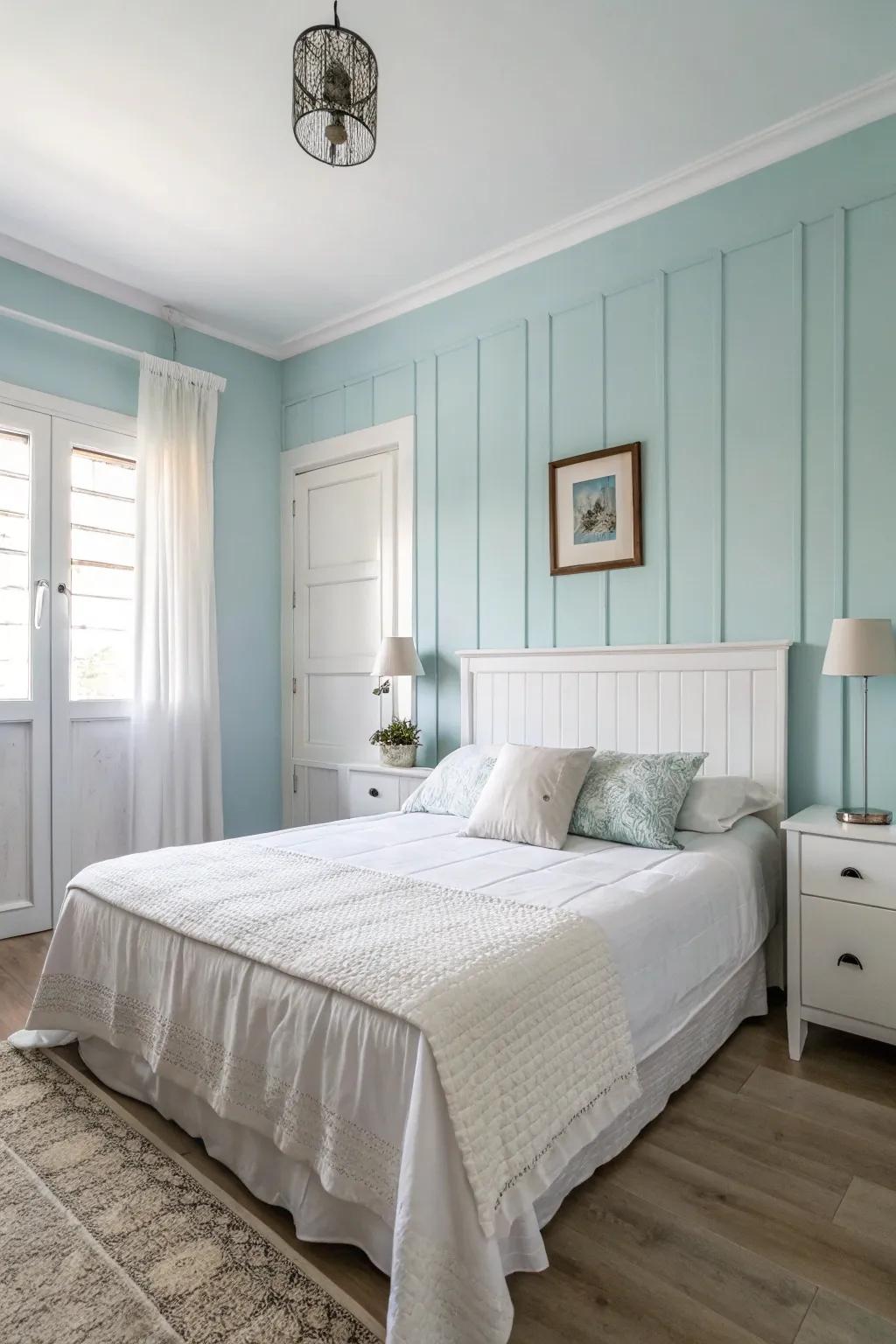 A tranquil bedroom adorned with pastel blue walls for a serene start to your day.