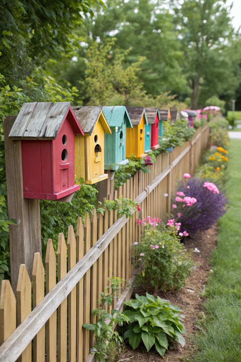 A row of brightly colored birdhouses brings a lively touch to a wooden fence.