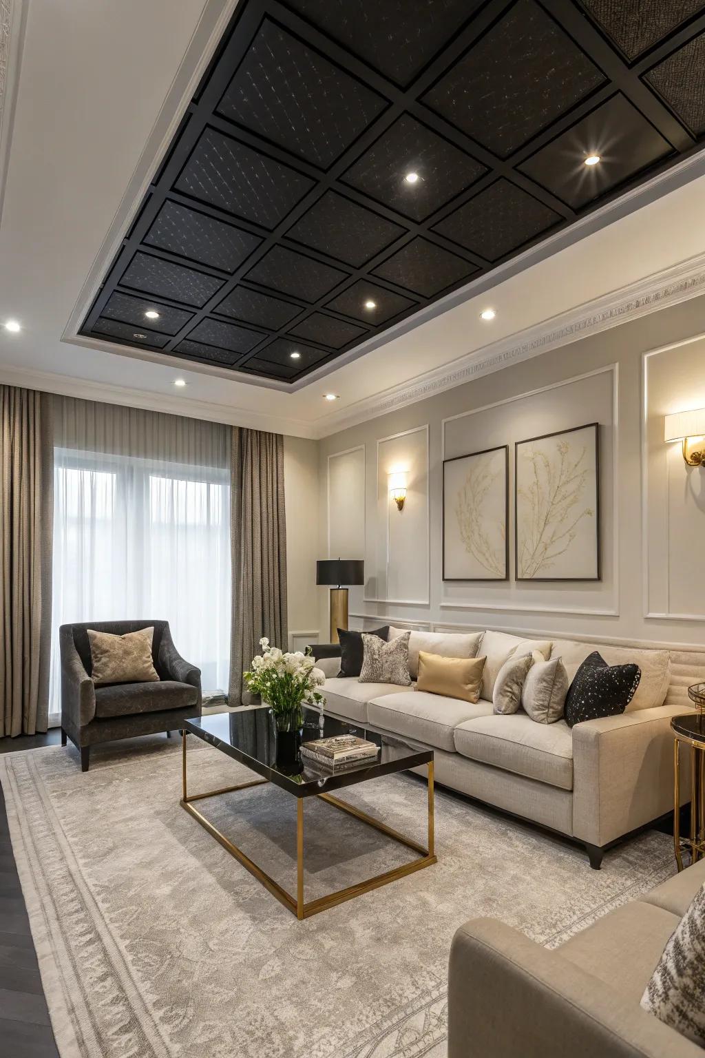 A chic living room with a black ceiling that exudes elegance.