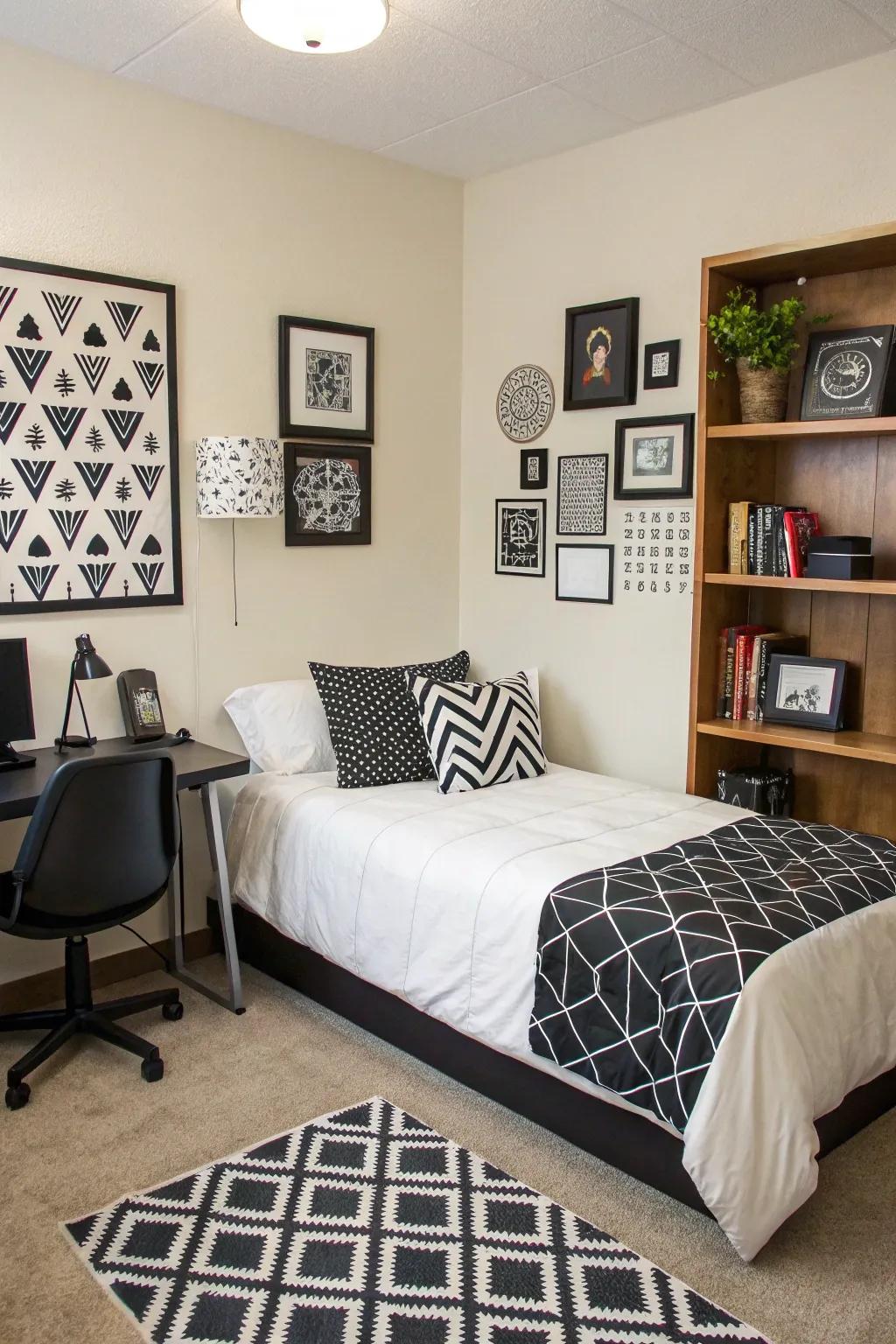 A balanced dark and white student room with geometrical designs and polished decor.