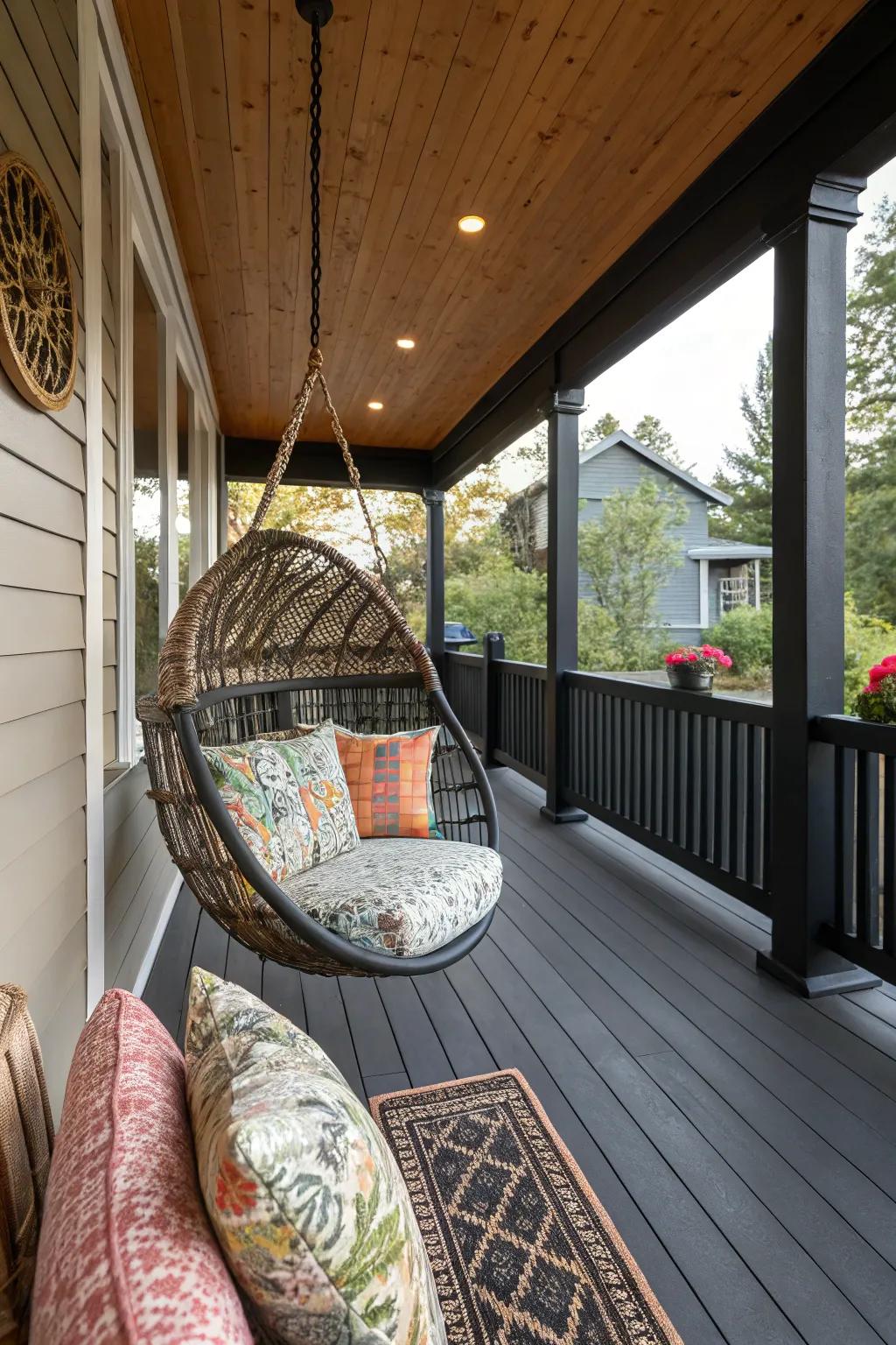 A snug seating enclave on a dark porch, showcasing a suspended chair and vibrant cushions.
