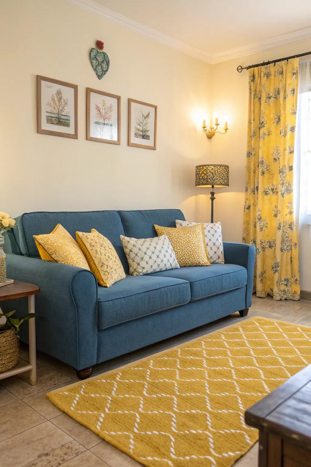 A welcoming living room featuring an azure settee and amber scatter cushions, creating an atmosphere of energy.