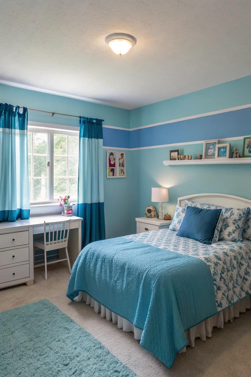 Layering various tones of blue enhances depth and visual appeal in a girl's bedroom.