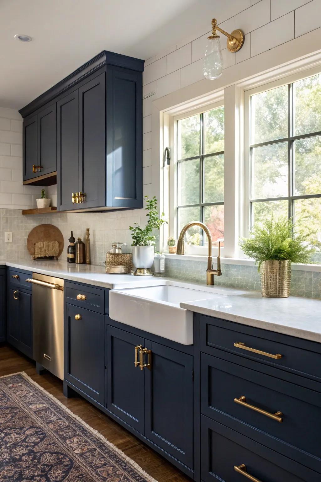 Elegant navy blue cabinets paired with brass fixtures for a luxurious look.