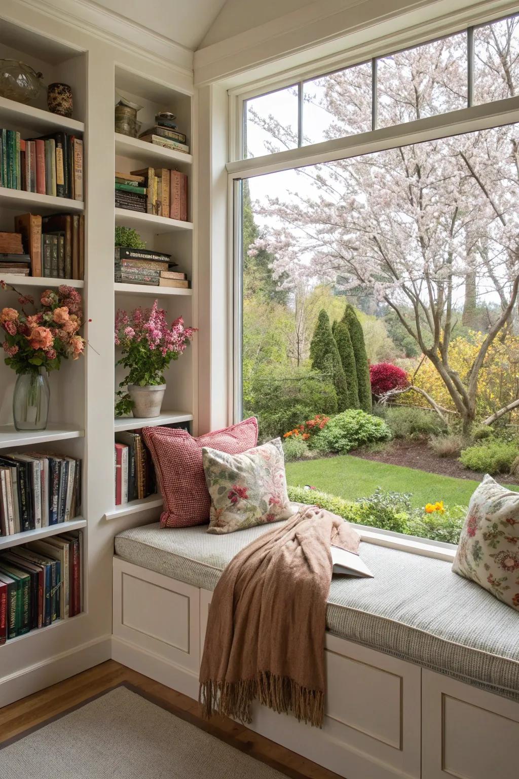 A window-seat reading nook merging ease and natural charm.