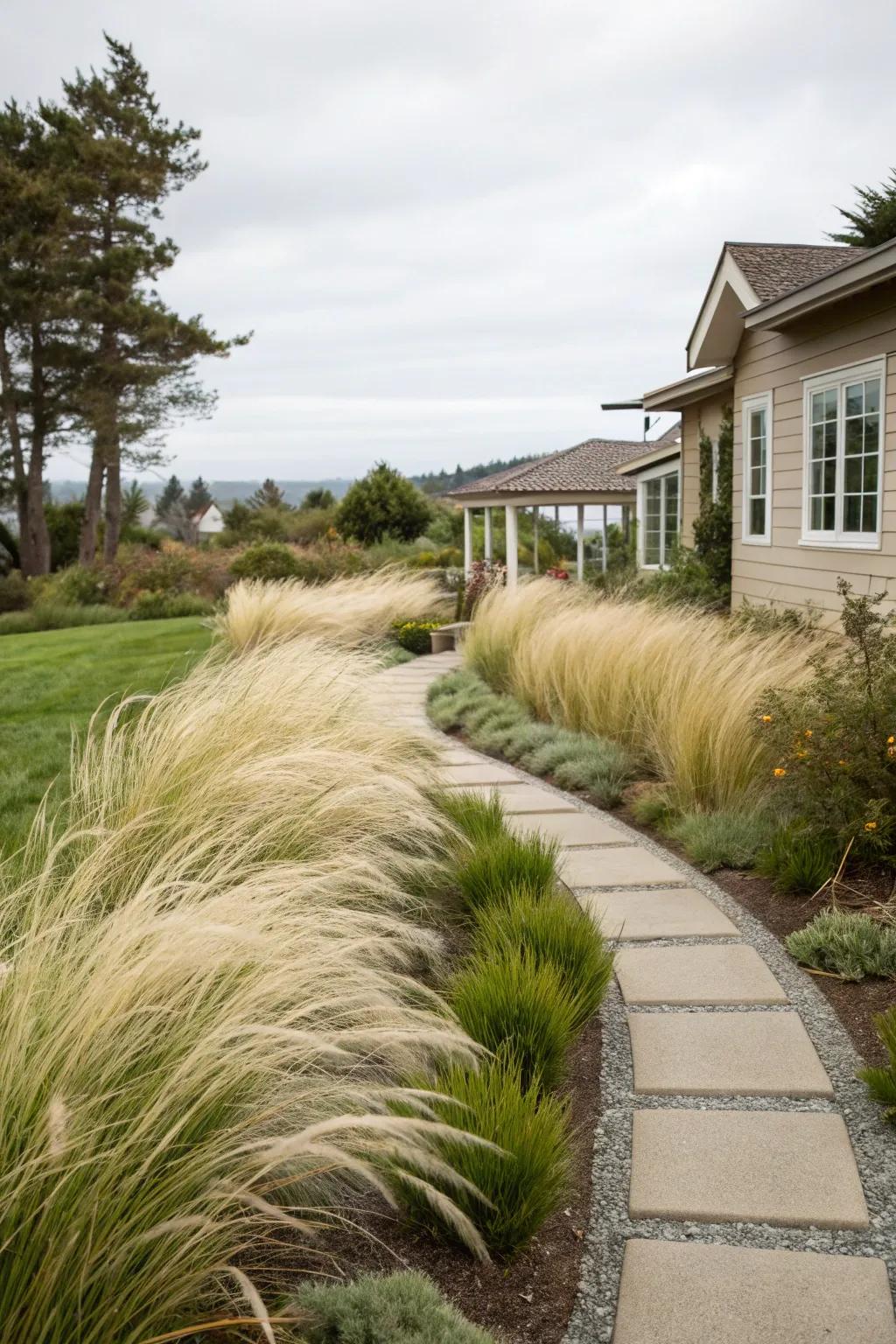 A path is gracefully lined with airy Angel’s Hair Grass.