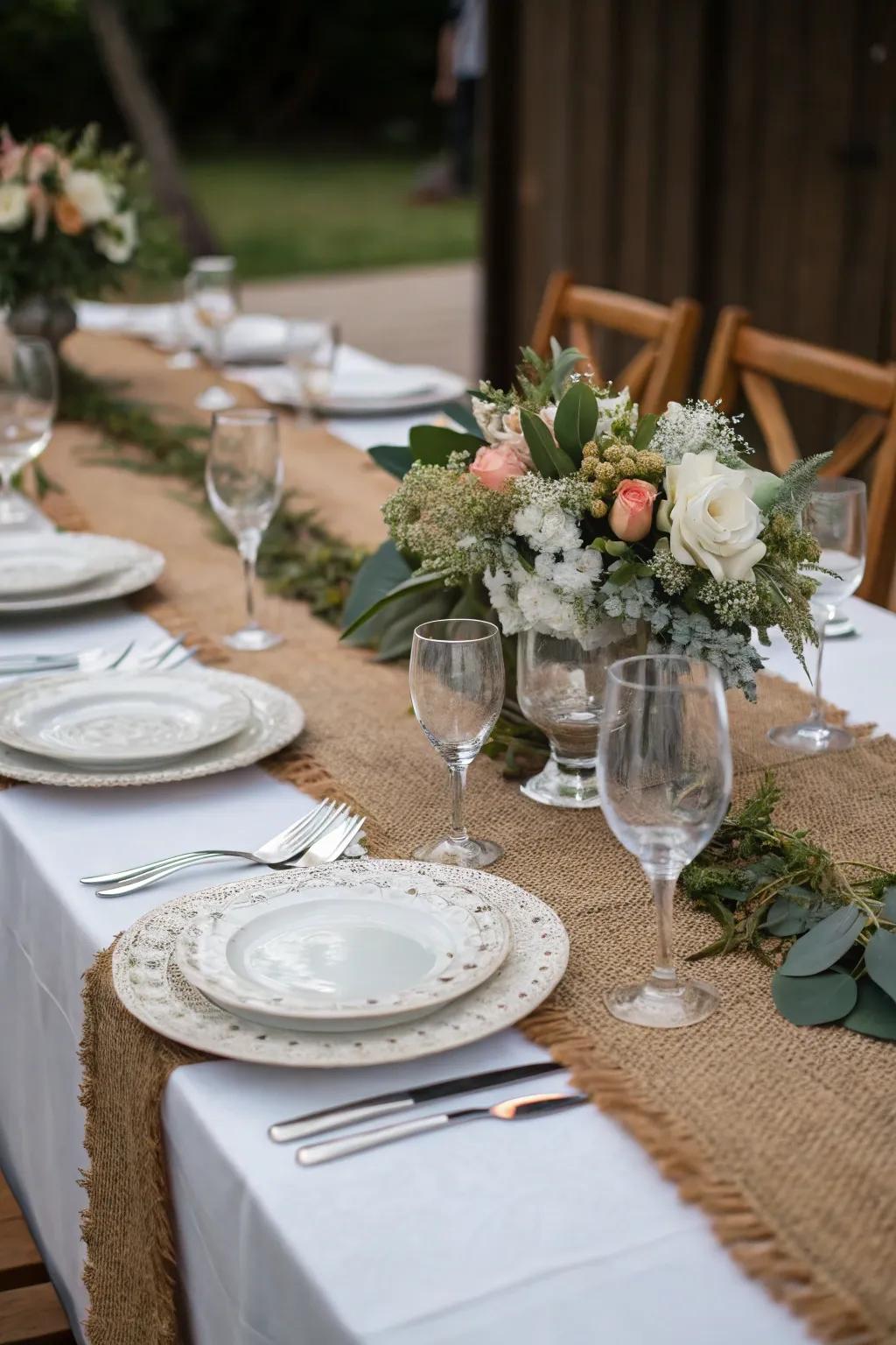 Add rustic charm to your dining table with a burlap runner.