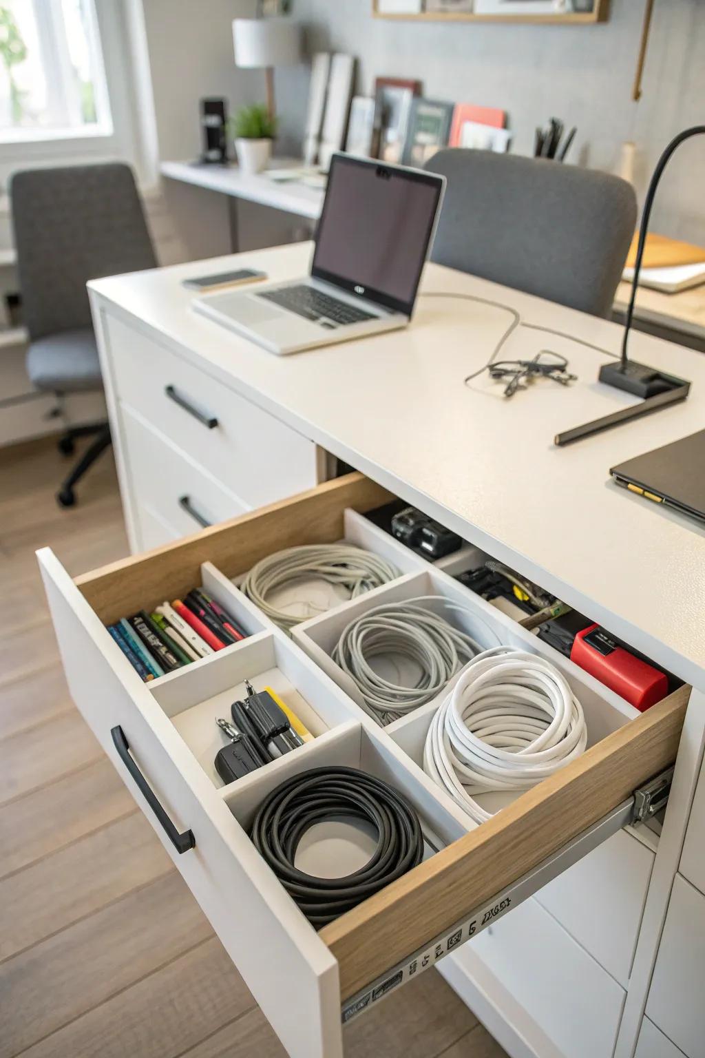 Cables neatly sorted in a drawer using dividers.