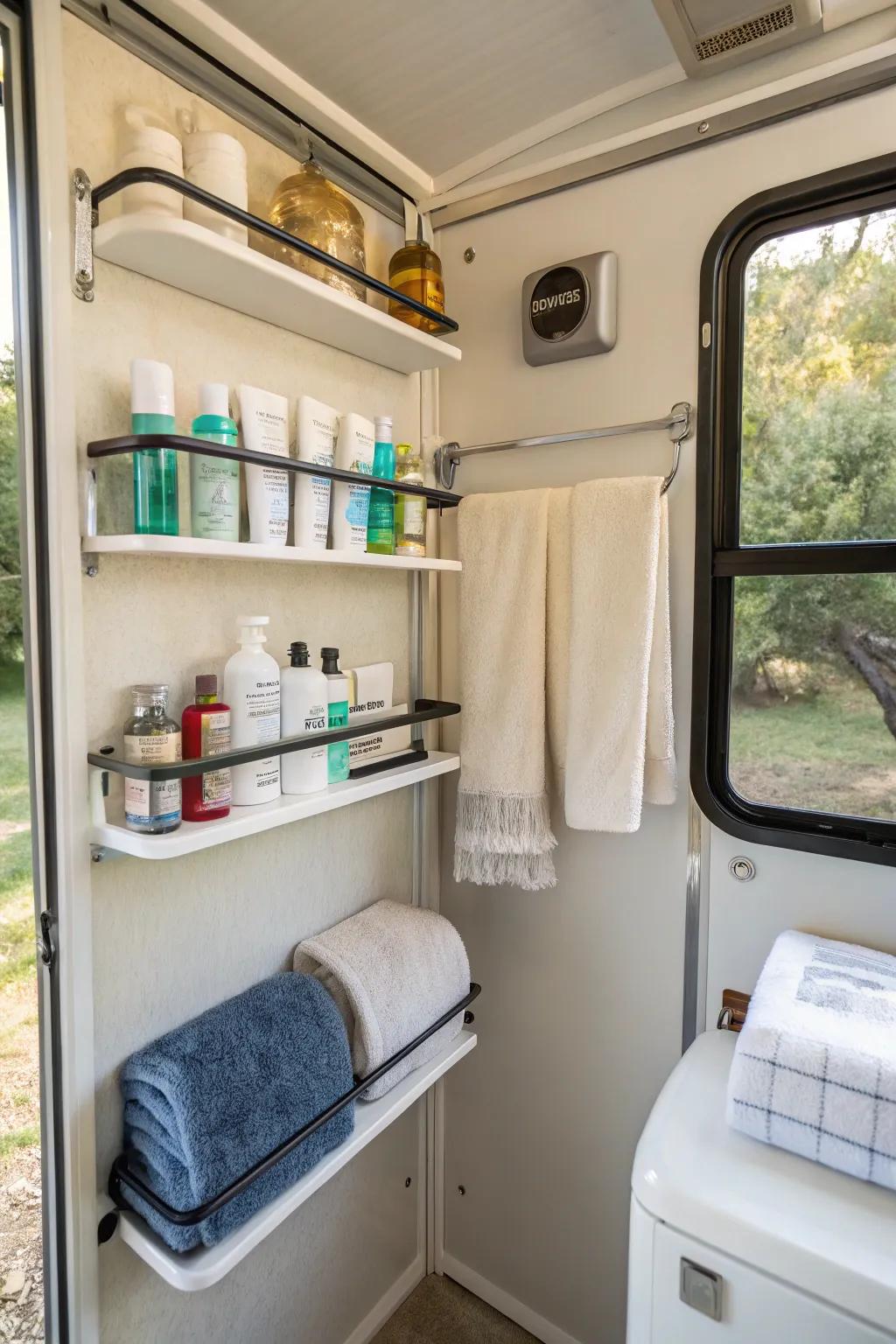 Wall-mounted storage maximizing vertical space in a camper bathroom.