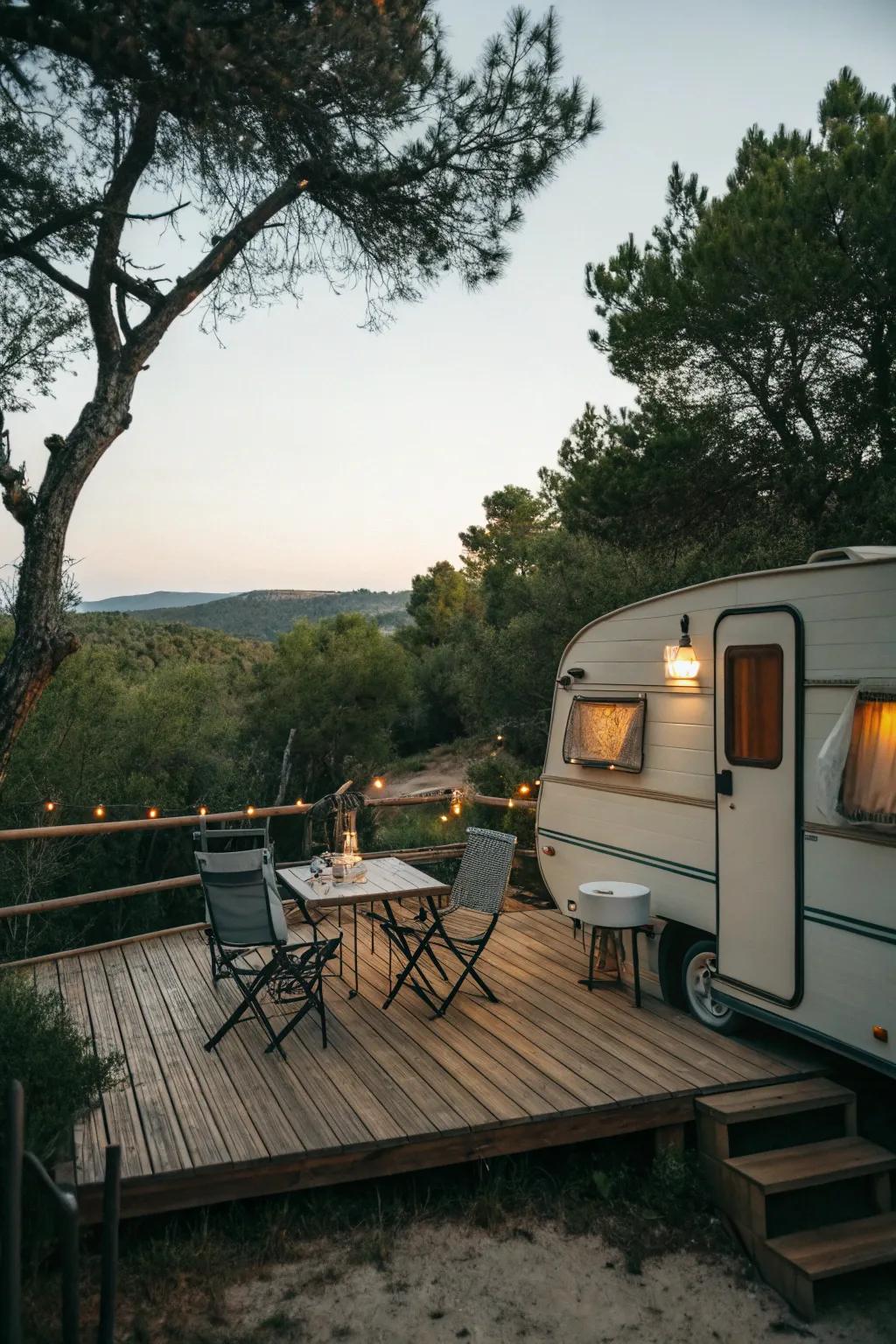 A rustic wooden deck adding charm to a camper in the woods.