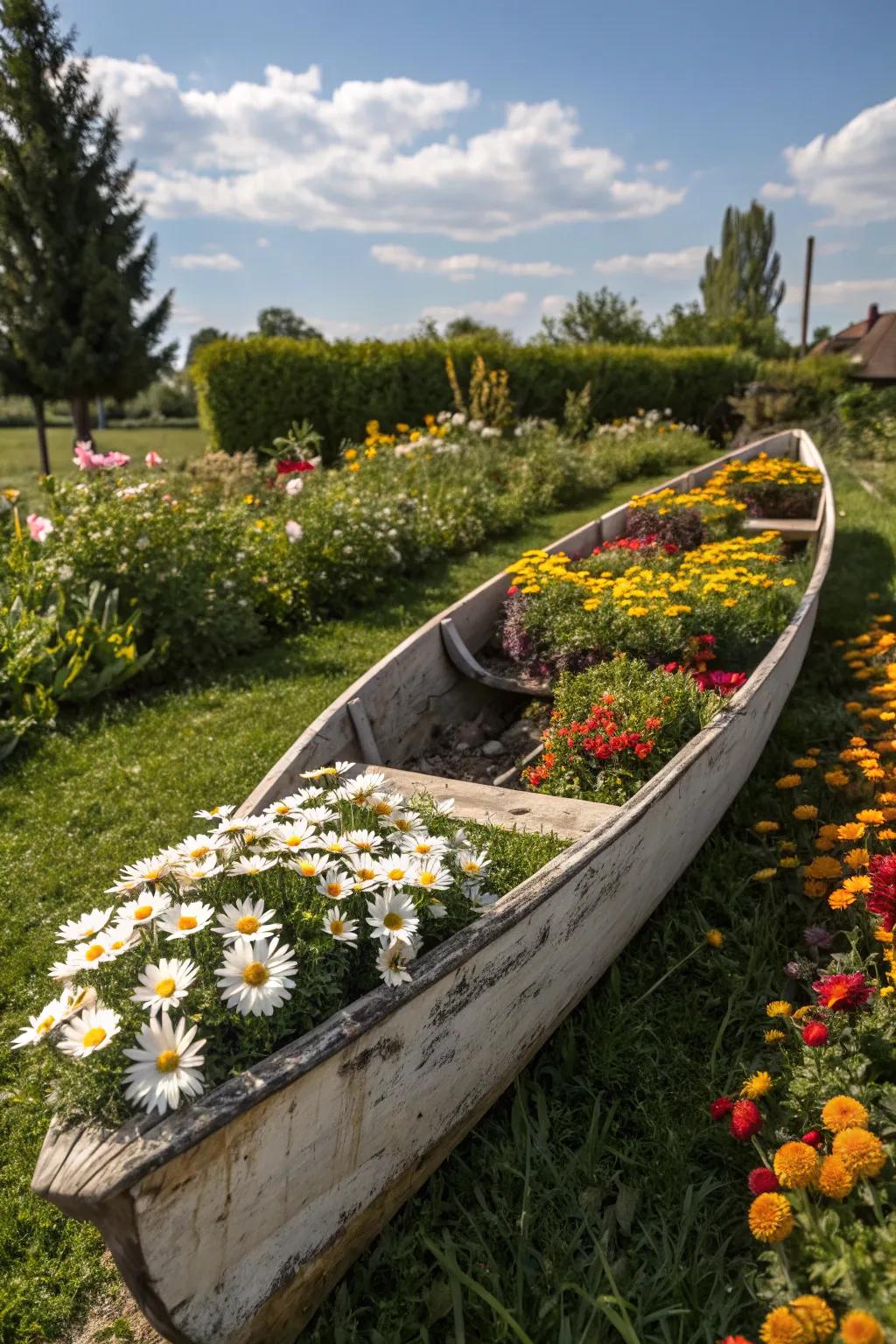 A canoe planter filled with vibrant flowers to brighten up the garden.