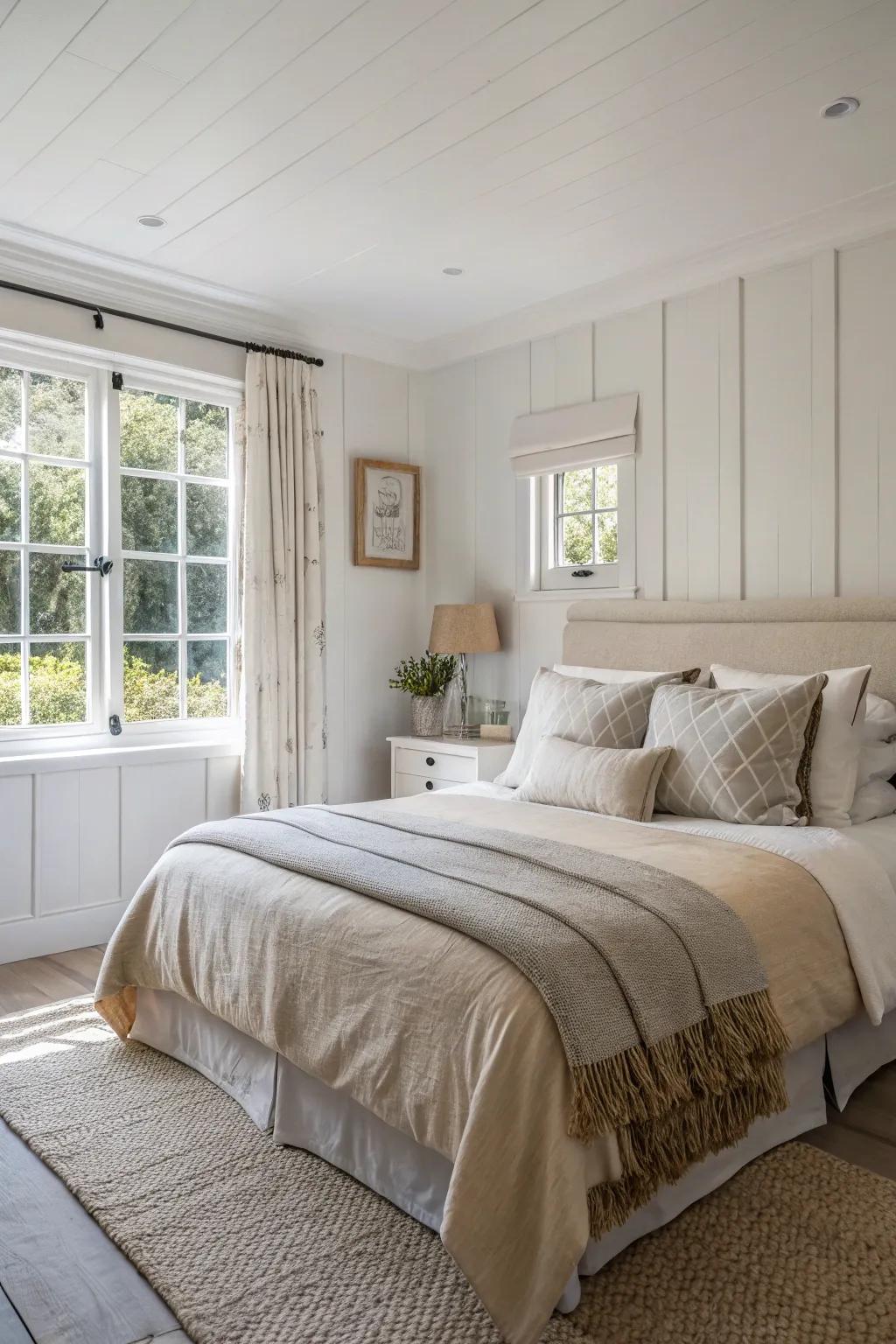 Neutral colors create a calming bedroom atmosphere.