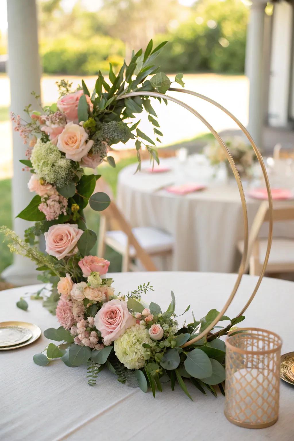 Elegant floral hoop centerpiece with pastel blooms.