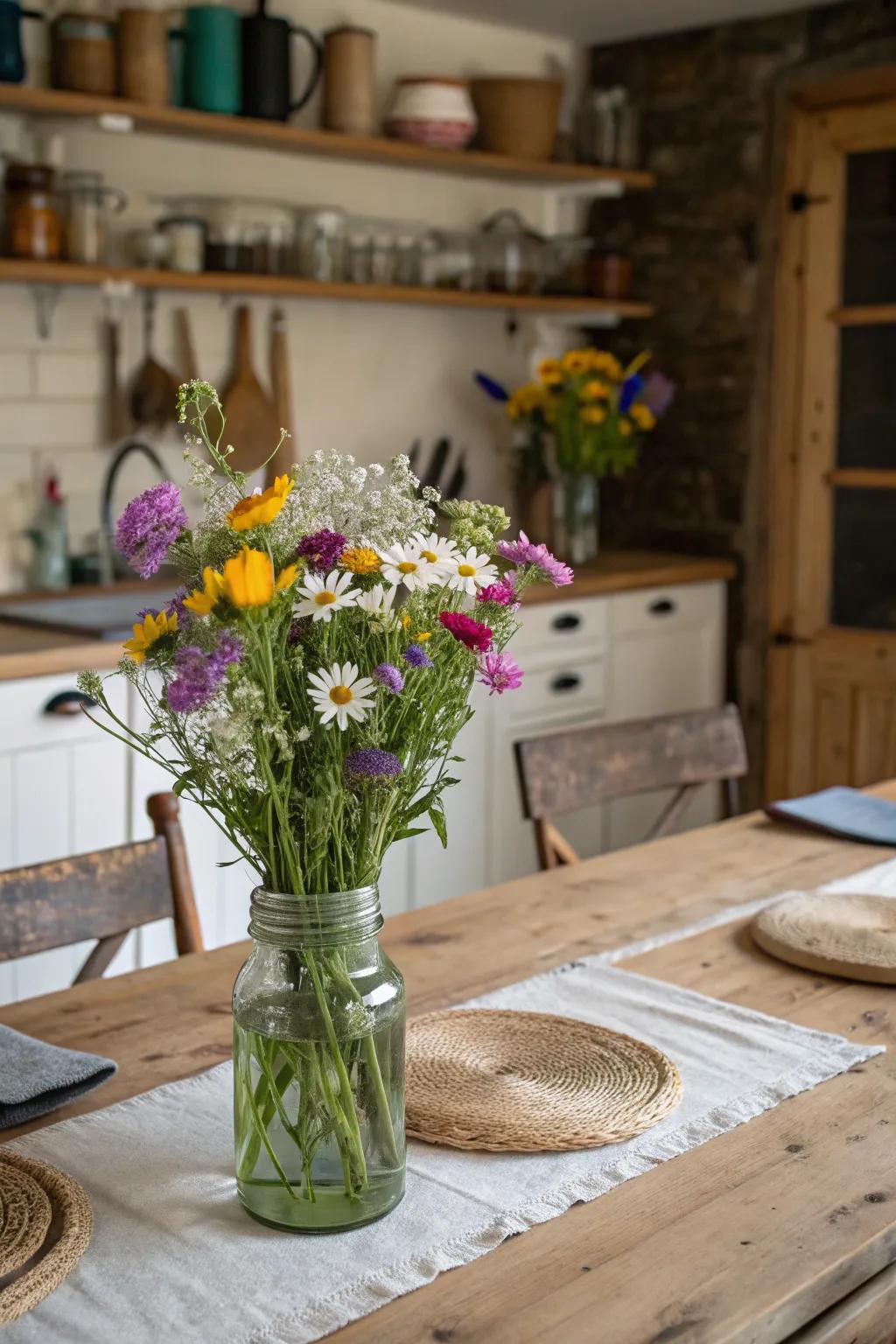 Repurposed glass jars make delightful vases for wildflowers.