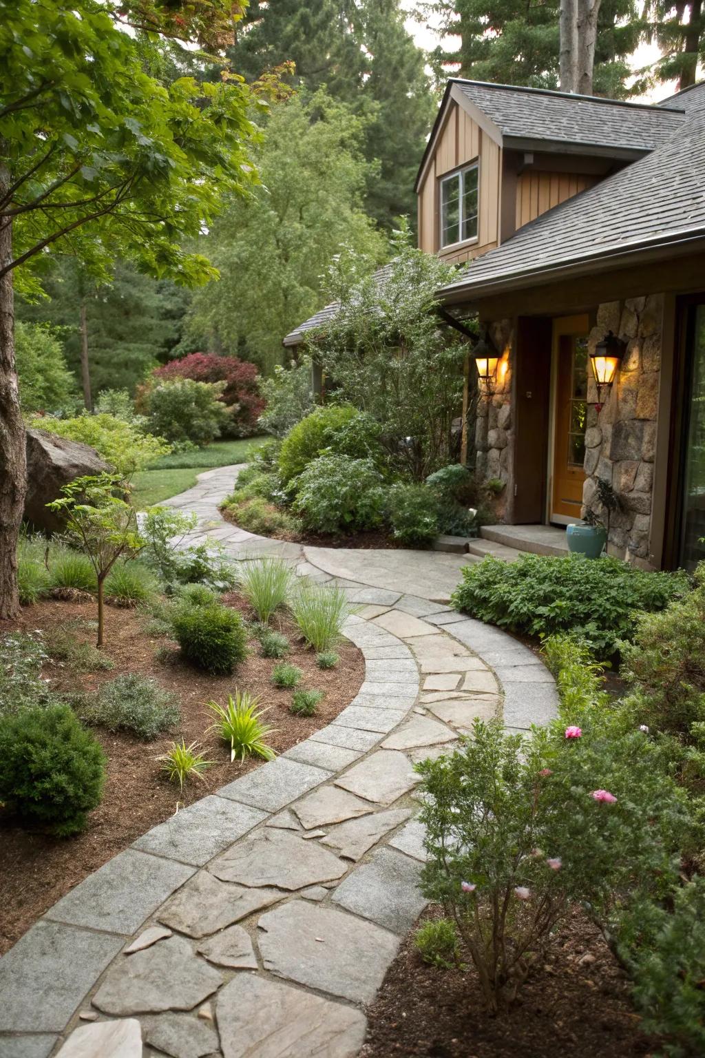 A stone pathway adds structure and charm to any front yard.