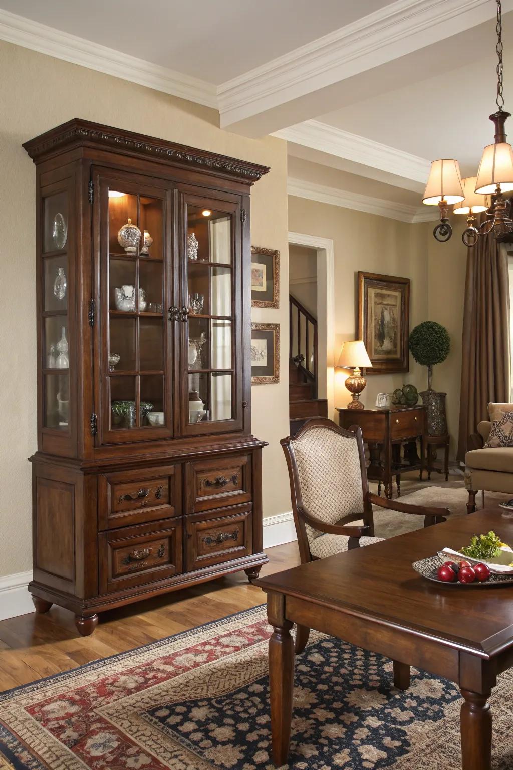 A traditional dark wood display case in a classically designed space.