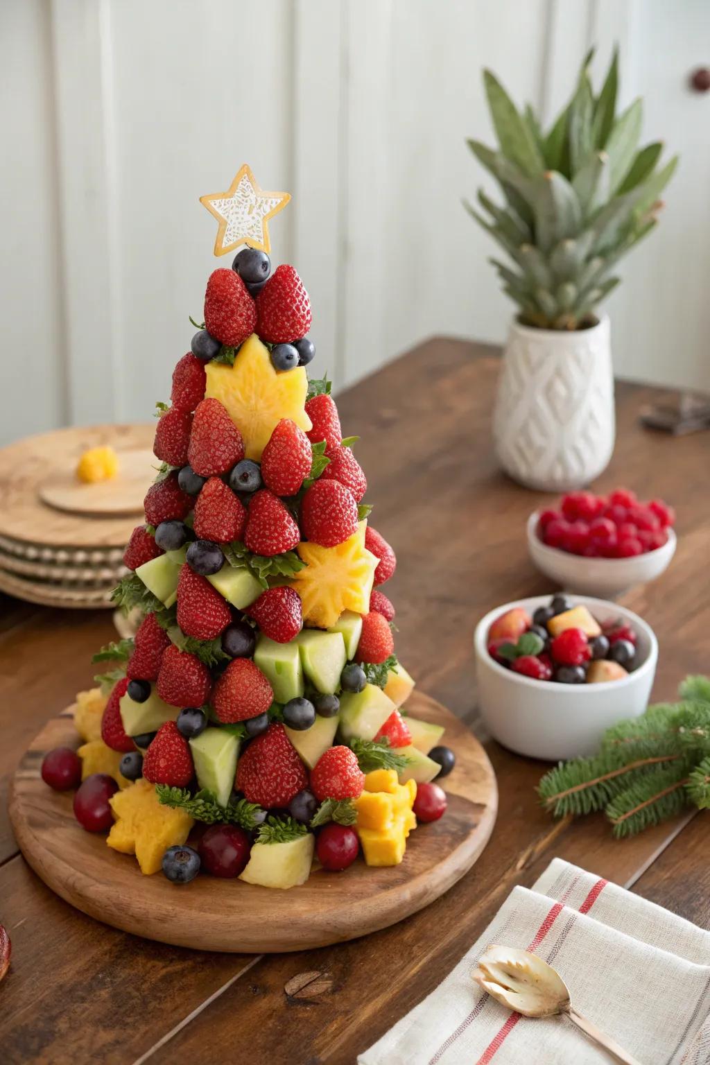 A vibrant fruit Christmas tree centerpiece perfect for brunch.