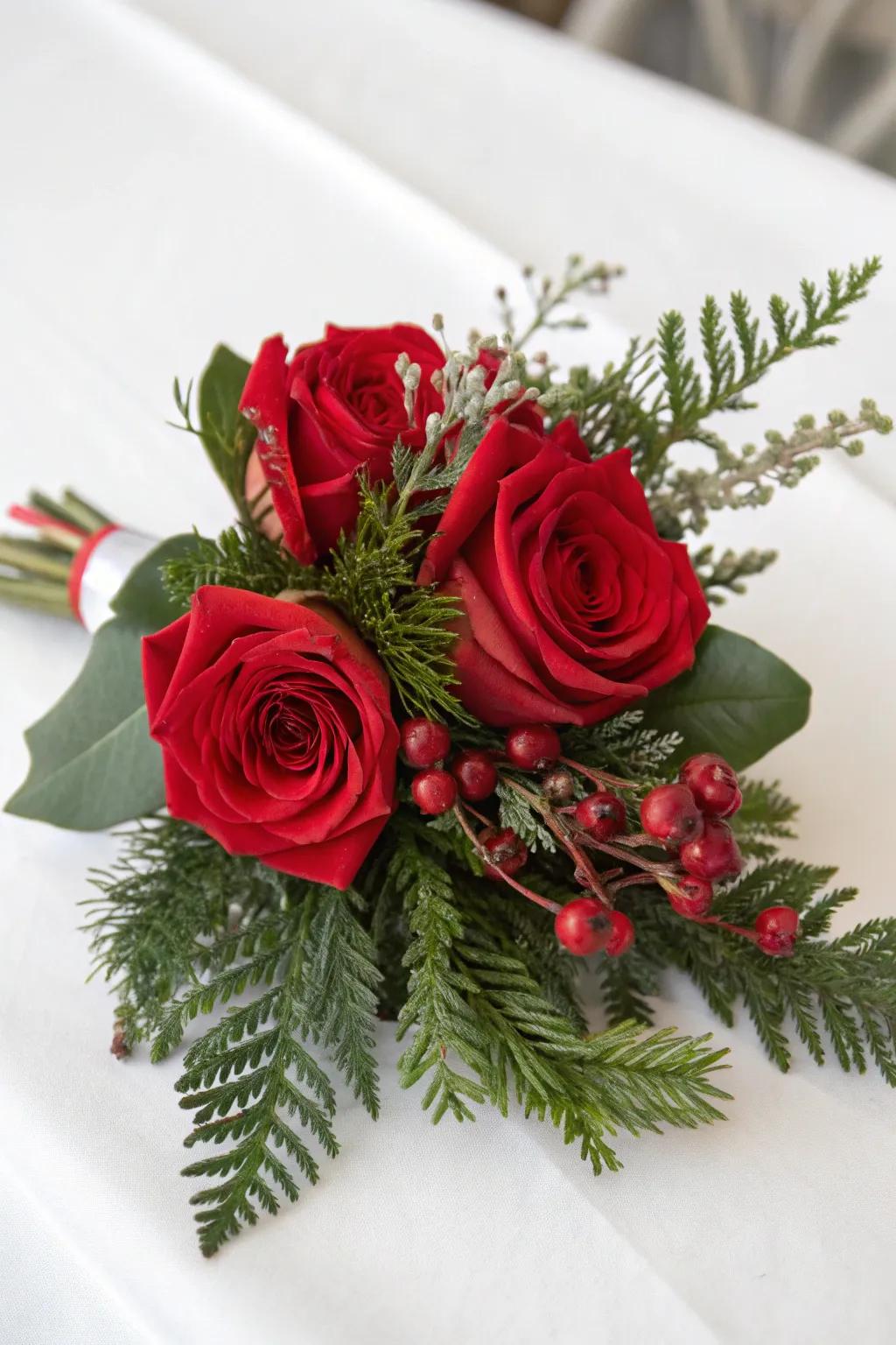 A classic Christmas corsage with red roses and evergreen sprigs.