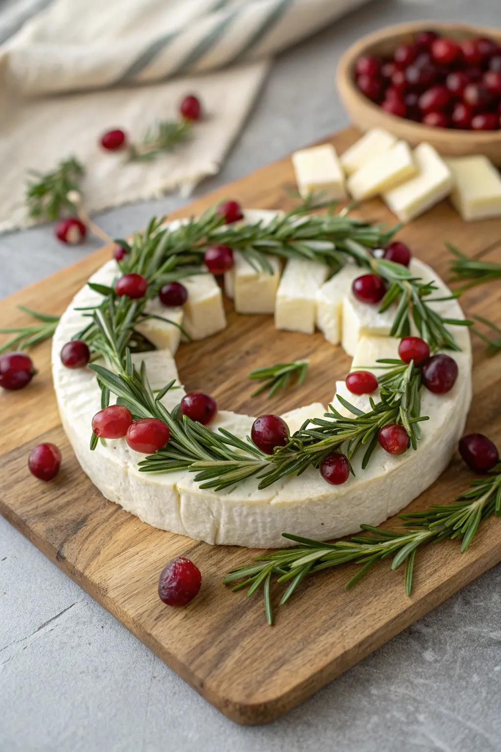 This cheese wreath infuses a sense of holiday happiness to any dining setting.