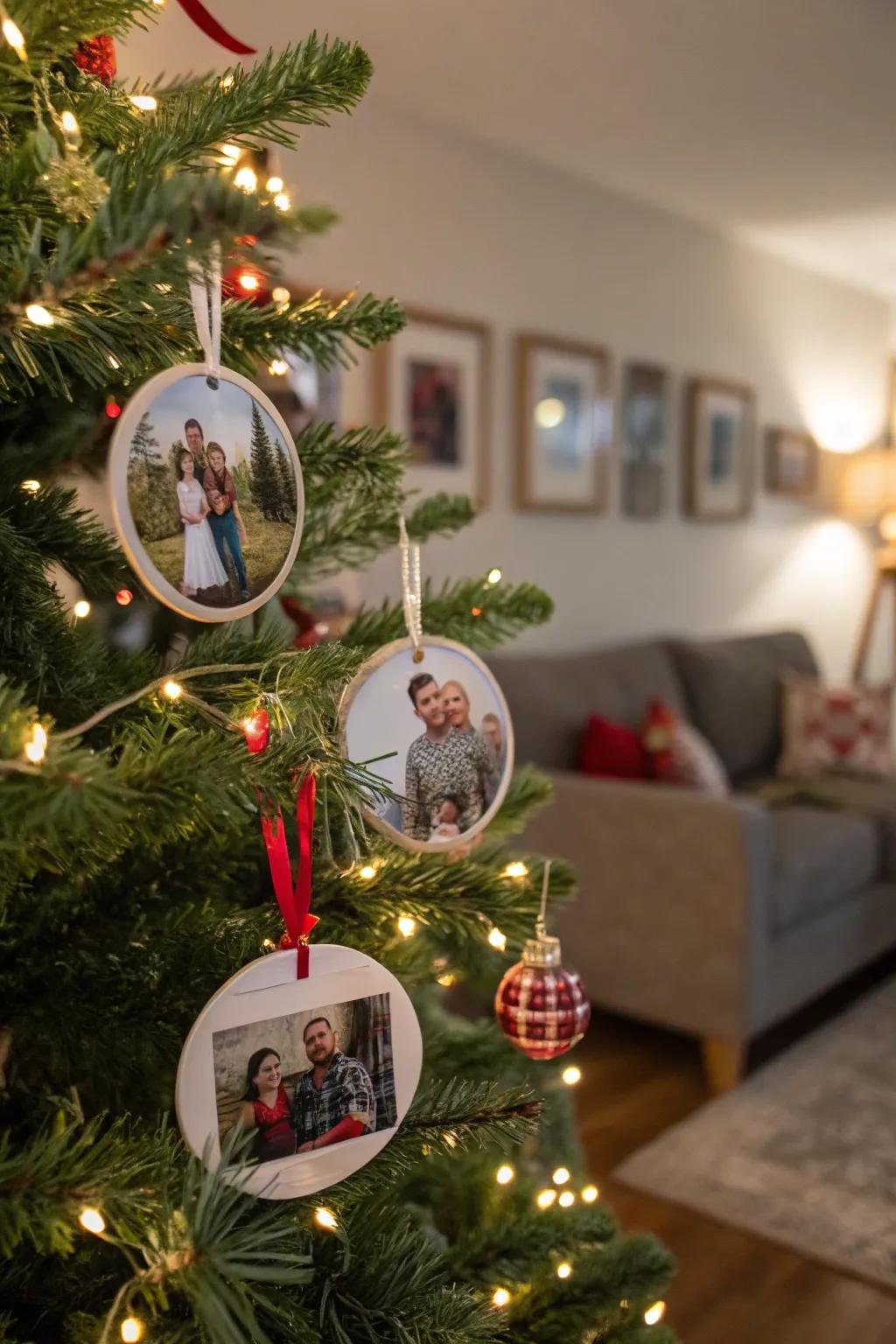 A tree adorned with cherished memories captured in ornaments