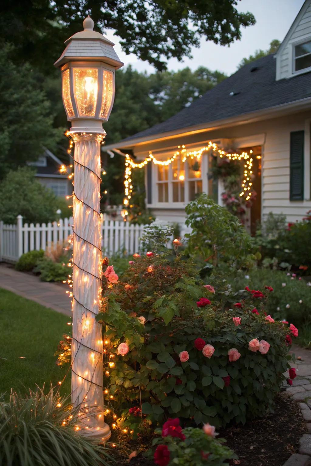A lamp post enveloped in striking Christmas lights.