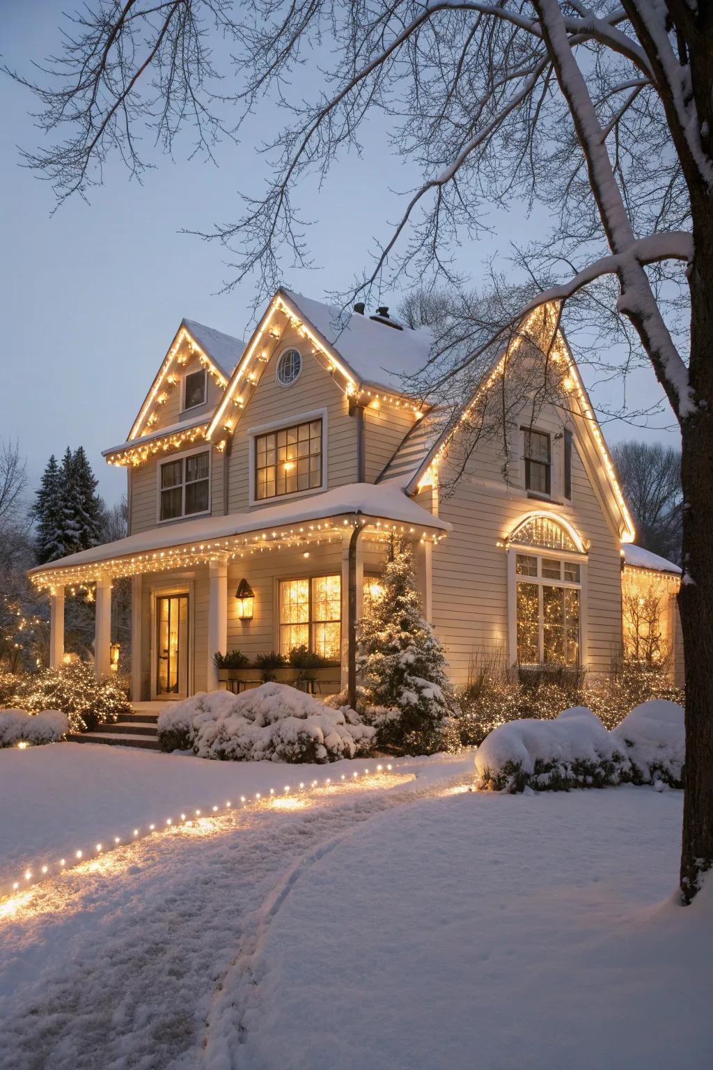 A house with its architectural features beautifully outlined in Christmas lights.